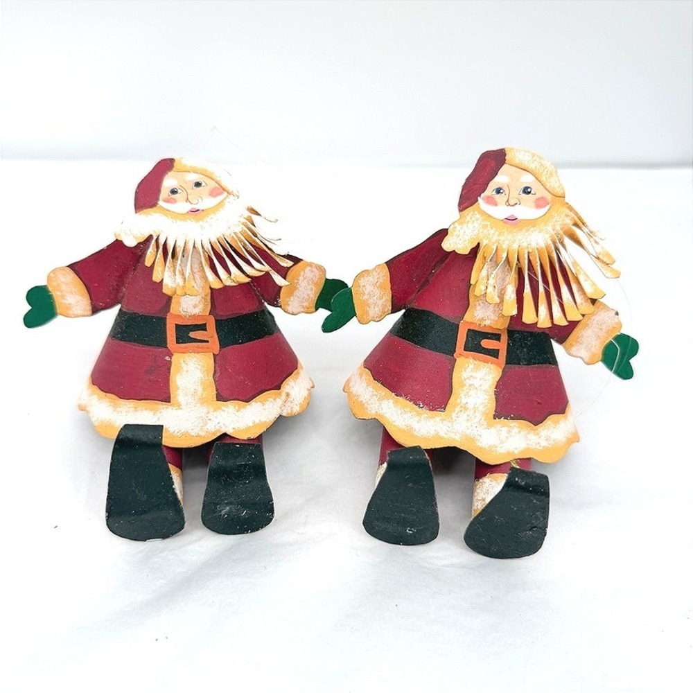 Santa Claus Tin Sitting Ornaments Set Metal Folk Art Christmas Decor 2 Piece